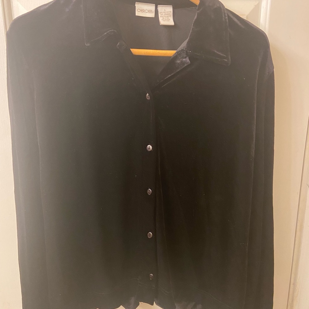 Vintage Cherokee Black Polyester Velvet Button Front Shirt Large